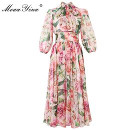 Fashion Designer dress Spring Summer Women Dress Bow collar Rose Floral-Print Elegant Vacation Chiffon Dresses 210524