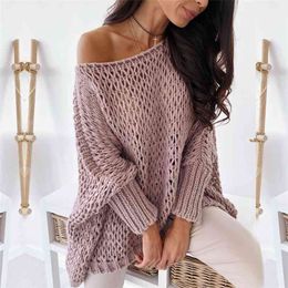 Women's Autumn Style Crocheted Slash Neck Bat Sweater Hollow Loose Top Womens knitted Batwing Sleeve pullovers 210508
