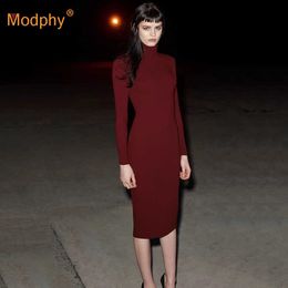 Winter Wine Red Women's Bodycon Bandage Dress Sexy Long Sleeve High Neck Back Zipper Celebrity Club Party Vestido 210527