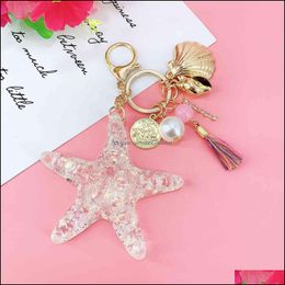 Key Rings Jewellery Fantasy Cartoon Sea World Pearl Shell Starfish Keychain Pentagram Crystal Chain Ladies Bag Car Alloy Pendant Y0306 Drop De