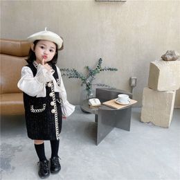 Fashion Girls Dress Classic Tweed Kids Clothes Fall Winter Long Sleeves Patchwork Fake 2PCS Princess Party Dress for 2-7T Baby 1464 B3