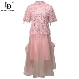 Fashion Runway Designer Autumn Women Tassel Sequined Short Sleeve Tops and Pink Mesh Long Skirt 2 Two Pieces Set 210522