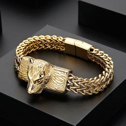 12mm 8.66'' Gothic Biker Mens Stainless Steel Wolf Head Franco Link Curb Chain Bracelet Bangle Silver/ Gold / black