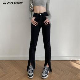 Spring 90s Vintage High Waist Hem Cuff Slit Jeans Women Denim Pants Slim Street Casual Long Trousers 210429