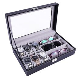 Watch Boxes & Cases PU Leather Box Holder For Watches Men Glass Top Glasses Jewelry Organizer Multi-Grids