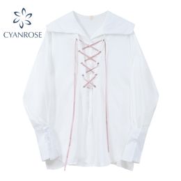 White Women Blouse Spring Sweet Drawstring Lace Up Shirt Long Sleeve Sailor Collar Korean Harajuku Vintage Chic Elegant Top 210417