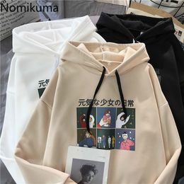 Nomikuma Sweatshirts Women Autumn Winter Plus Velet Thicken Hooded Pullover Tops Cartoon Printed Causal Hoodies Coat 6C325 210427