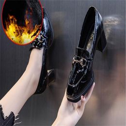 Dress Shoes High Heeled Women's Plush Bright Leather Square Head Small Fall And Winter Fashion Versatile Thick Heel