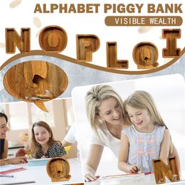 -Carta Caixa de dinheiro adulto de cofrinho personalizado banco de moeda de vidro orgânico para crianças Montessori madeira brinquedo crianças Único bebê presente