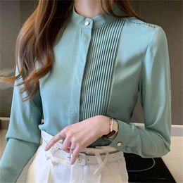 Long Sleeve Chiffon Blouse Shirt Tops Blouse Women Blusas Mujer De Moda Stand Collar Office Blouse Women Blouses Blusa E225 210401