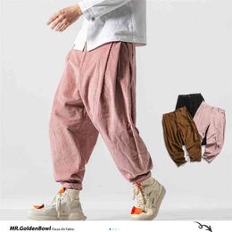 MrGoldenBowl Men Corduroy Harem Pants Autumn Chinese Style Mens Solid Black Sweatpants Male Loose Trousers Oversize 210715