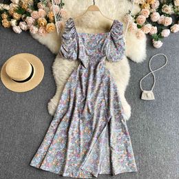 SINGREINY Women French Floral Dress Retro Square Collar Puff Sleeve A-line Dresses Summer Bohemian Print Ruched Split Midi Dress 210419