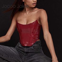 Jocoo Jolee Women Sexy Sleeveless Pattern PU Leather Tank Elegant Vintage Off shoulder Tube Top All-match Crop Tops 210619