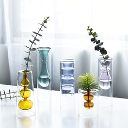 Creative Nordic Glass Vase Flower Ware Crystal Ball Transparent Double-Layer Stained Hydroponic Flower Home Desktop Decoration 210409