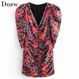 Lady Floral Print Sexy Bodycon Mini Dress Deep V Neck Puff Sleeve Chic Dresses Pleated Button Streetwear Sundresses Ropa Mujer 210515