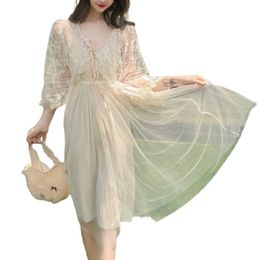 Elegant Summer Chiffon Mesh Sequined Flared Sleeves Mid-Length Sling Dress Embroidery Flower Ruffle Top D3039 210514