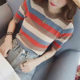 Knitted Sweater Summer Han Fan Wild Color Striped Ice Silk T-shirt Ladies Short-sleeved Round Neck Slim Shirt 210427