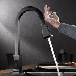 Black Sensor Touch Kitchen Faucet Deck Mount Switchable Sprayer Hot Cold Mixer Crane Tap Swivel Rotation Pull Out Sink Mixer