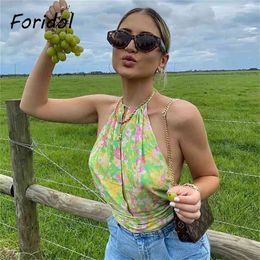 Foridol Floral Print Oil Painting Halter Crop Tops Sexy Backless Lace Up Deep V Neck Green Tops Vintage French Holiday Tops 210407