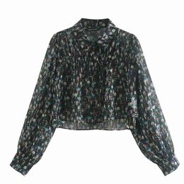 Women Flower Printed Chiffon Translucent Short Shirts Female Long Sleeve Loose Blouses Casual Lady Crop Tops Blusas S8191 210430