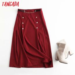 Women Red Chain Decorate Midi Skirt Faldas Mujer Vintage Side Zipper Office Ladies Elegant Chic Mid Calf Skirts 4C64 210416