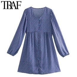 TRAF Women Chic Fashion With Button Floral Print Mini Dress Vintage V Neck Long Sleeve Female Dresses Vestidos Mujer 210415