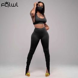 FQLWL Ribbed Kintted Tracksuit 2 Two Piece Set Women Outfit Crop Top Bodycon Stacked Sweatpants High Waist Leggings Matching Set Y0625