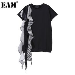 [EAM] Women Black Striped Ruffles Big Size Long T-shirt Round Neck Short Sleeve Fashion Spring Summer 1DD5933 210512