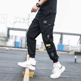 Men's Pants Side Pockets Cargo Harem Ribbons Black Hip Hop Casual Male Joggers Trousers Fashion Streetwear Y2302