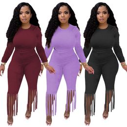 Women Outfits Fall Winter Two Piece Set Solid Tracksuits Long Sleeve Sweatshirt TOP+tassels Pants 2pcs Casual black Sports Suits Outdoor jogging suit 5601