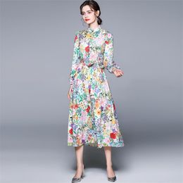 Summer Long Sleeve Elegant Stand Collar Printted Dress Women Floral Printed Mid-Calf Vintage A Line Dress With Belt 210514