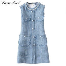 est Fashion Runway Designer Blue Tweed Women's Sleeveless Pearls Beading Buttons Pocket Fringe Tassel Tank Dress 210416