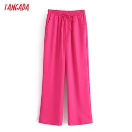 Tangada Fashion Women Pink Wide Leg Suit Pants Trousers Bow Strethy Waist Office Lady Pants Pantalon 3W110 211112