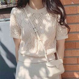 O Neck Summer Women Blouse Tops Hollow Out Knitted Shirts For Short Sleeve Korean Style Thin Casual Blouses 8788 210512