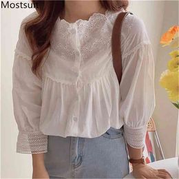 Autumn White Korean Embroidered Women Blouses Shirts Long Sleeve Slash Neck Single-breasted Tops Elegant Fashion Blusas 210513
