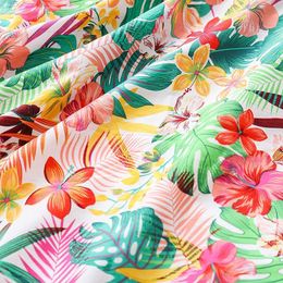 poplin fabric dress UK - Fabric 148cm Width Tropical Flower Leaves Printed Cotton Poplin 100% For Dress,Shirt,White,Blue,by The Meter