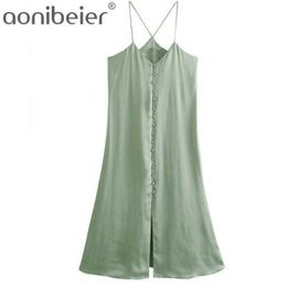 Summer Women Camisole A-line Loose Lady Beach Style Solid V-neck Dress Elegant Girls Single Breast Causal Outfits 210604