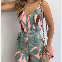 European And American Women's Summer Style Sexy V-neck Sling Fashion Leaf Print Bandage Short Pants 210621