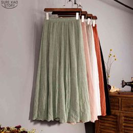 Summer Maxi Women Vintage Spring Elastic Waist Cotton Linen Solid Pleated Long Skirts Boho Beach Skirt Jupe 9956 210415