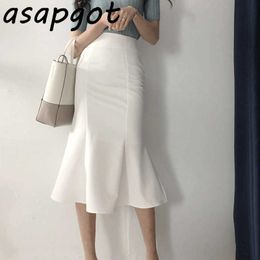 Skirts Summer Korea Chic Temperament Elegant Slim White High Waist Mermaid Skirt Women Office Lady Ruffles Wrap Hip Faldas 210610