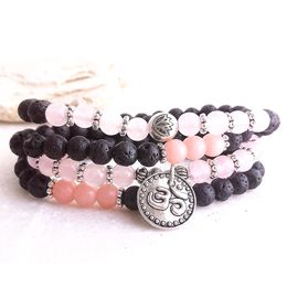 MG0987 Trendy Design 6 mm Rose Quartz Lava Stone Bracelet Women`s Pink Opal 108 Mala Ohm Charm Bracelet