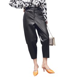 Autumn/winter Korean version Women's Black PU leather Pants High Waist Nine-Point Leather Harron 230i 210420