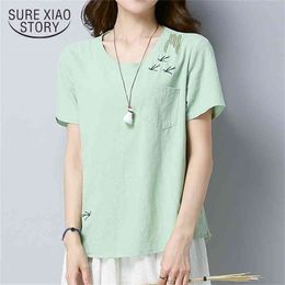 Summer Sweet Solid Cotton Linen Women Shirt Blouse Short Sleeve Tops Blusas Embroidery Female Clothing D834 30 210506