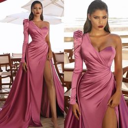 2022 Newest African Saudi Arabia One Shoulder Evening Dresses Long Sleeve Women Formal Party Gowns Mermaid High Split Celebrity Prom Outfit vestido de festa