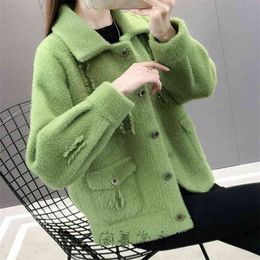 Faux Mink Velvet Pocket Lapel Knitted Sweater Women Long-sleeved Stitched Diamond Single-breasted Cardigan Female Spring 210427