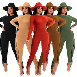 Women Fringe Pants Tassel Jumpsuits 2022 High Quality Frosted Solid Color Long Sleeve Rompers Fashion Playsuit Bodysuit for Woman Gym Workout Joggers Yoga