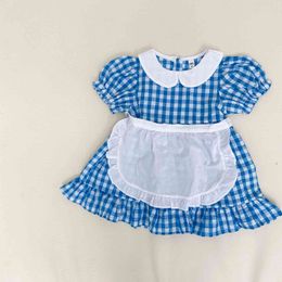 New Style Summer Baby Girls Dresses Cute Plaid Dress Ruffle With White Bib Dress For Girls Cotton Toddler Kids Clothes 210413