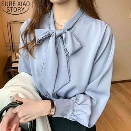 Korean Tops Bow Satin Chiffon Blouse Women Spring Fashion Loose Long Sleeve Shirt White Blue Office Lady Clothes 10691 210417
