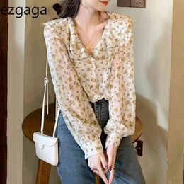 Ezgaga Floral Blouse Women Chiffon Shirts Vintage Long Sleeve Tender Ruffled Loose Korean Chic Elegant Shirts Sweet Girl Fashion 210430
