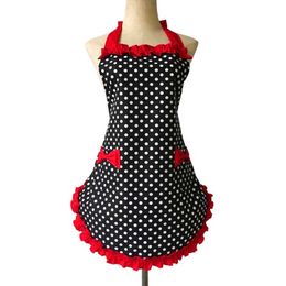 XiuMood Apron Maid Polka Dot Cooking Kitchen Aprons For Woman Working Adjustable Cotton Aprons With Cute Bowknot Pockets 210622